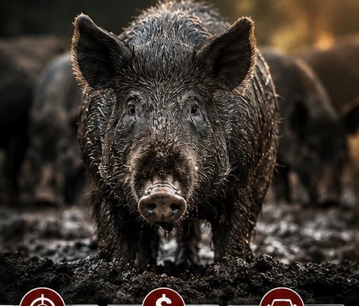 A feral hog photographed at night on damaged ranch land